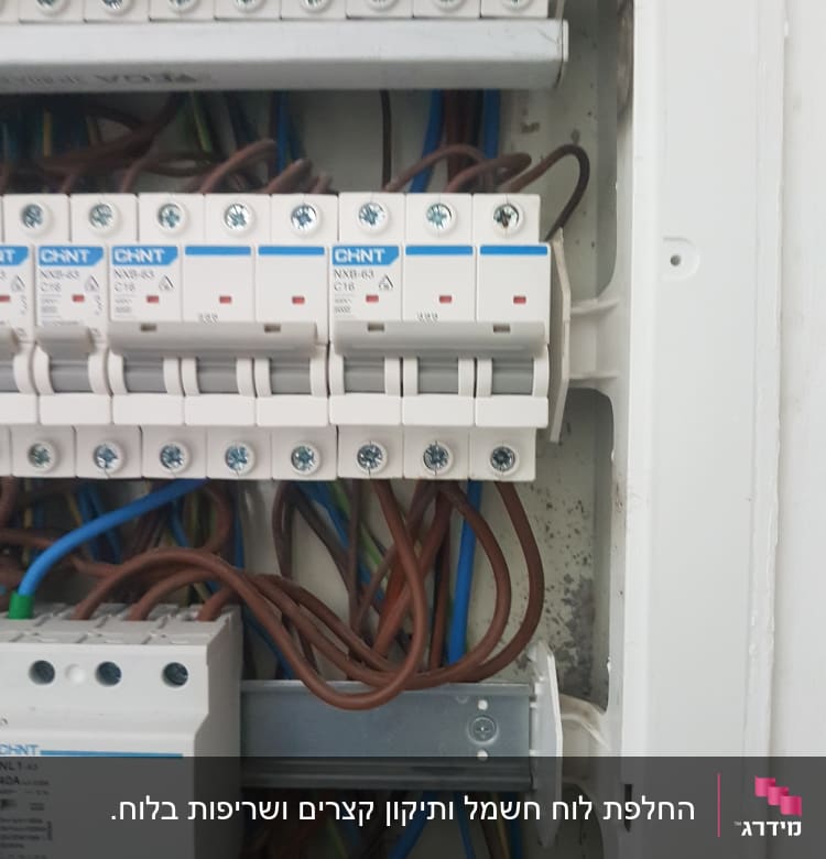 לוח חשמל עם מפסקים וחוטי חשמל צבעוניים